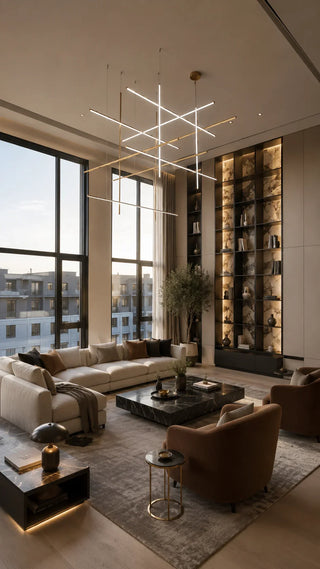 Arden linear chandelier smart LED suspension light for living room and staircase modern minimalist hanging ceiling fixture in gold black or silver finish with dimmable contemporary interior lighting decor