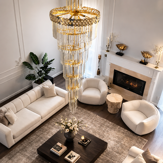 Cap d'Ail gorgeous big stairway crystal ceiling chandelier luxury cascading crystal hanging light fixture for staircase foyer high ceiling modern elegant interior decor