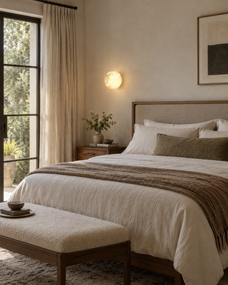 Backlit onyx wall sconce glowing warmly above a bed headboard