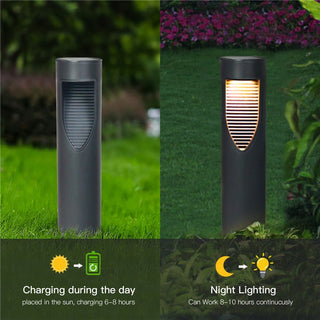Solar path light illuminating a garden lawn at dusk and night