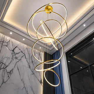 Large ring stainless steel chandelier, modern light fixture for foyer, staircase, and living room