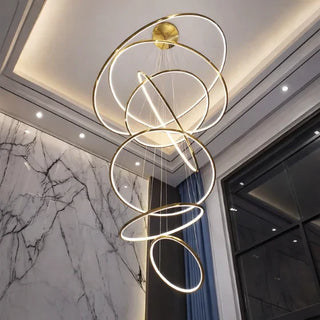 Large ring stainless steel chandelier, modern light fixture for foyer, staircase, and living room
