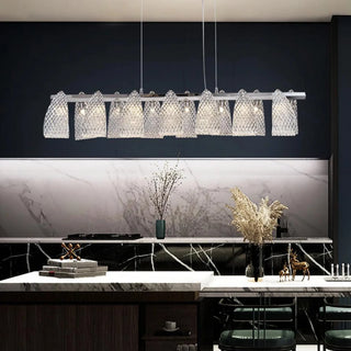 MIRODEMI Muri bei Bern silver glass linear light fixture hanging over a kitchen island