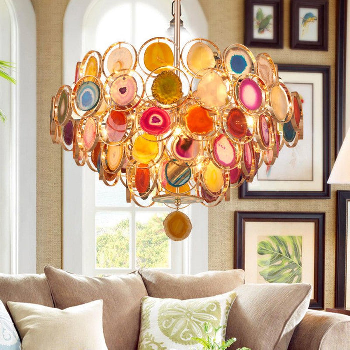 Mirodemi | Gold round chandelier | Colorful agate stone chandelier | Bohemian style chandelier | for living room