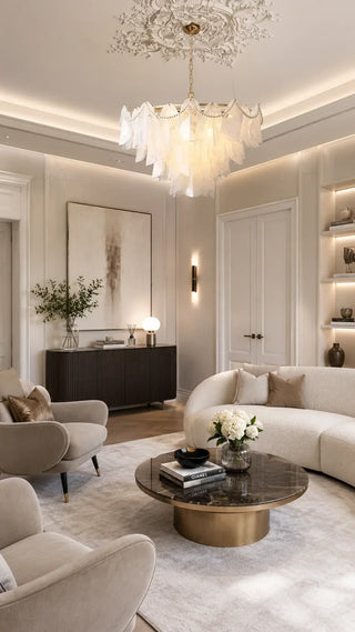 Amber Murano-style glass chandelier lighting a luxury living room