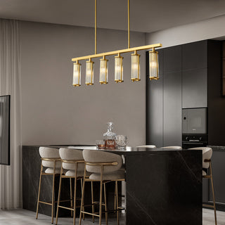 Luxury kitchen island lighting with a gold linear pendant chandelier by Mirodemi