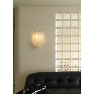 Wall sconce mounted beside a glass block wall in a living room, illustrating mounting height and placement
