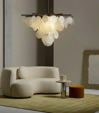 Sculptural brass chandelier with handcrafted frosted opaline glass discs, modern luxury ceiling light for dining room or living room