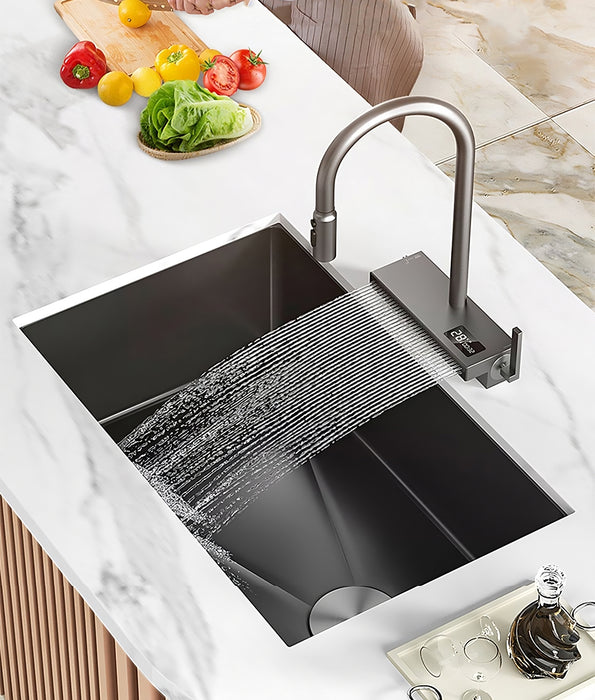 MIRODEMI® Black Modern Stainless Steel Sink With Waterfall Design Large Single For Kitchen