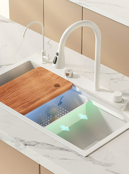 MIRODEMI® Ultramodern White Sink Made of Nano 304 Stainless Steel with Waterfall Faucet for Kitchen