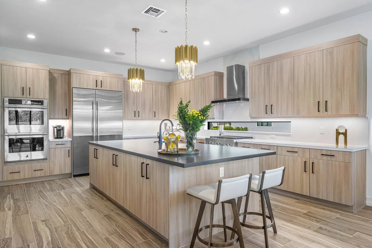 MIRODEMI gold pendant lighting installed in a client kitchen project