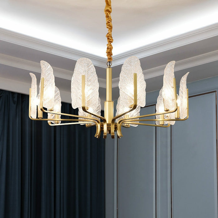 MIRODEMI® Luxury Brass Chandelier with Leaves of Frosted Glass for Living Room