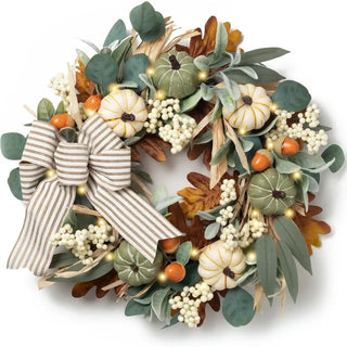 MIRODEMI® Festive Fall Door Wreath with Bow and Pumpkin Design – Perfect for Thanksgiving & Halloween