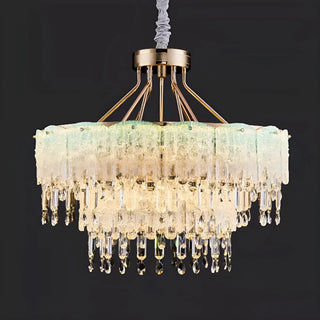 2-tier clear crystal chandelier with textured glass panels and gold frame – modern luxury ceiling light