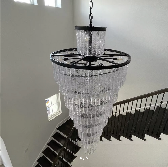 Elegant Frosted Glass Long Black Chandelier For Staircase