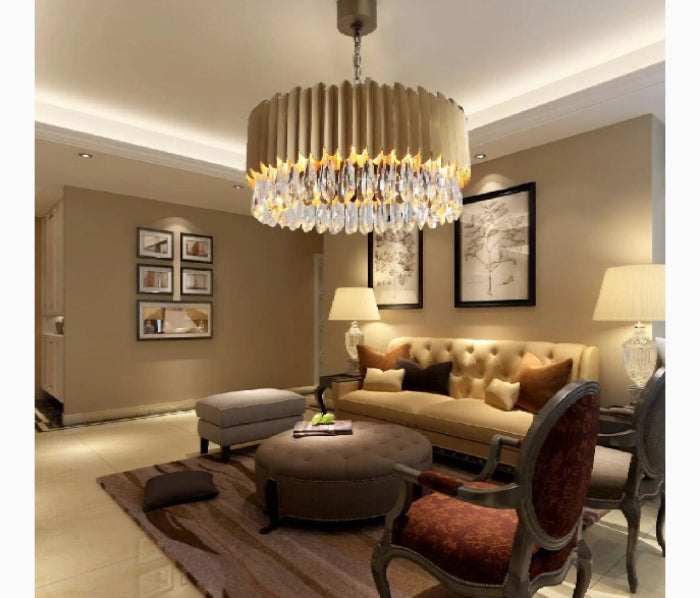 Almese | Drum Gold/Black Crystal Chandelier For Living Room