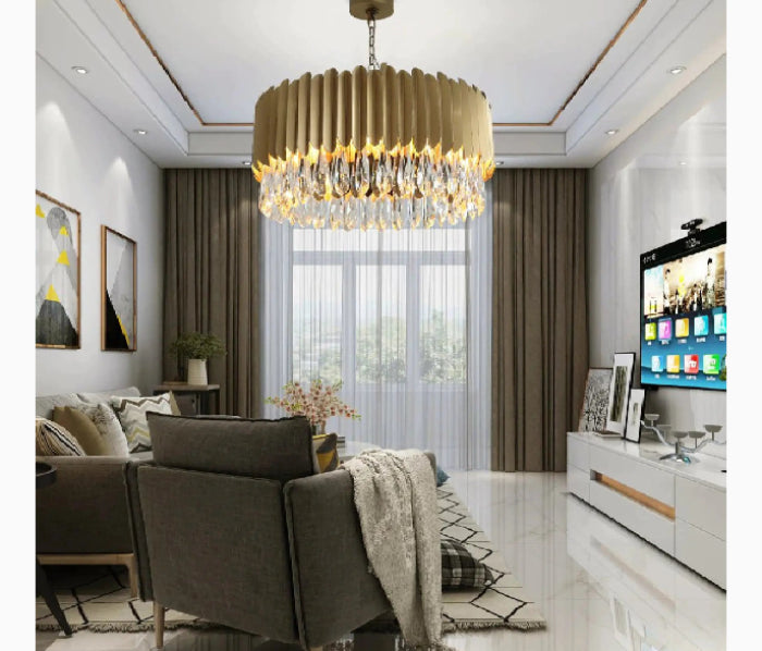 Almese | Drum Gold/Black Crystal Chandelier For Living Room