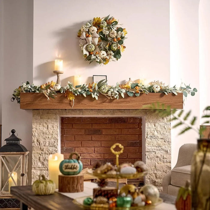 Thanksgiving/Halloween Door Wreath for Festive Fall Decoration with Bow and Pumpkin Design