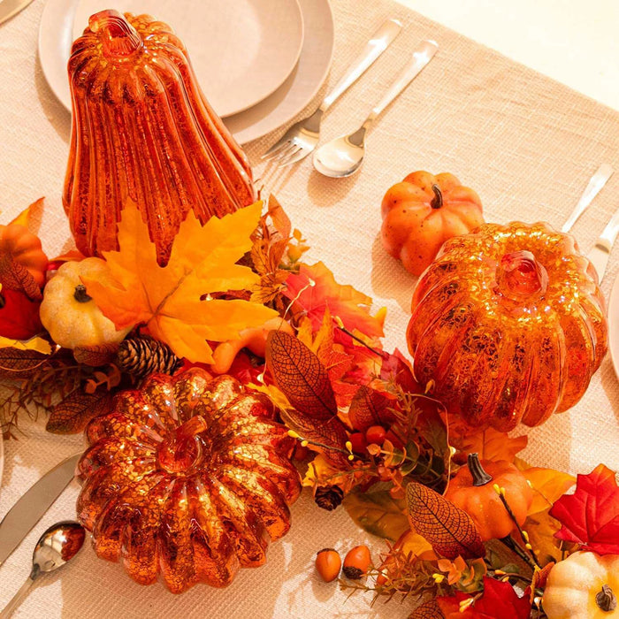 Halloween/Thanksgiving Glass Pumpkin Lantern With Timer LED Lights