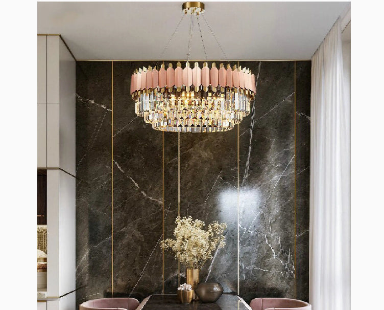 Alseno | Luxury Drum Gold/Pink Round Crystal LED Chandelier For Dining Room