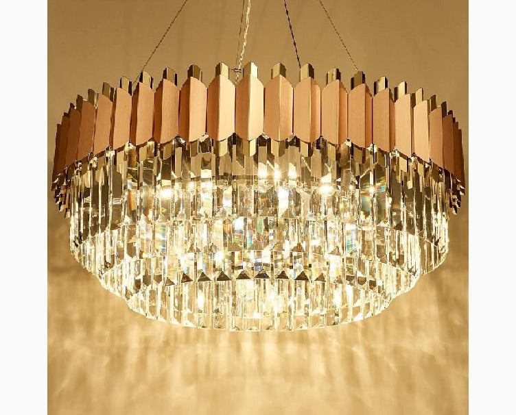 Alseno | Luxury Drum Gold/Pink Round Crystal LED Chandelier For Dining Room