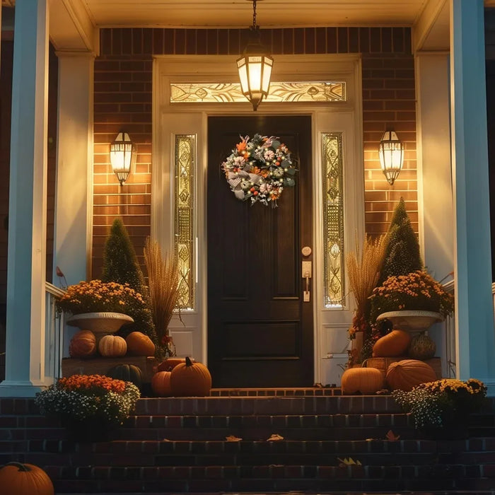 Thanksgiving/Halloween Door Wreath for Festive Fall Decoration with Bow and Pumpkin Design