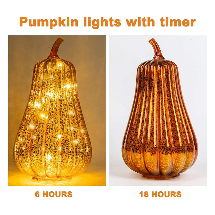 Halloween/Thanksgiving Glass Pumpkin Lantern With Timer LED Lights