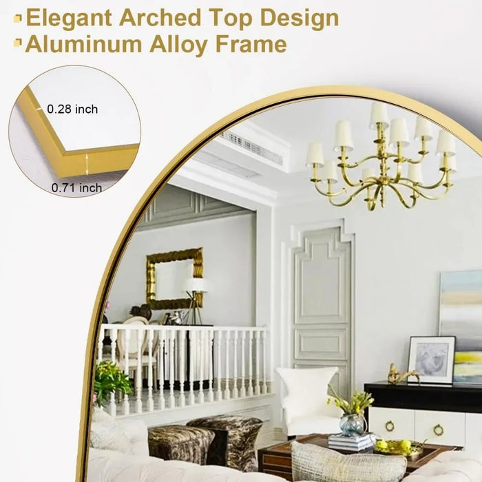 Free-Standing Full-Length Mirror in Arched Golden Metal Frame