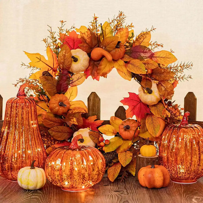 Autumn Festive Glass Pumpkin Lantern for Halloween/Thanksgiving Holiday Decor