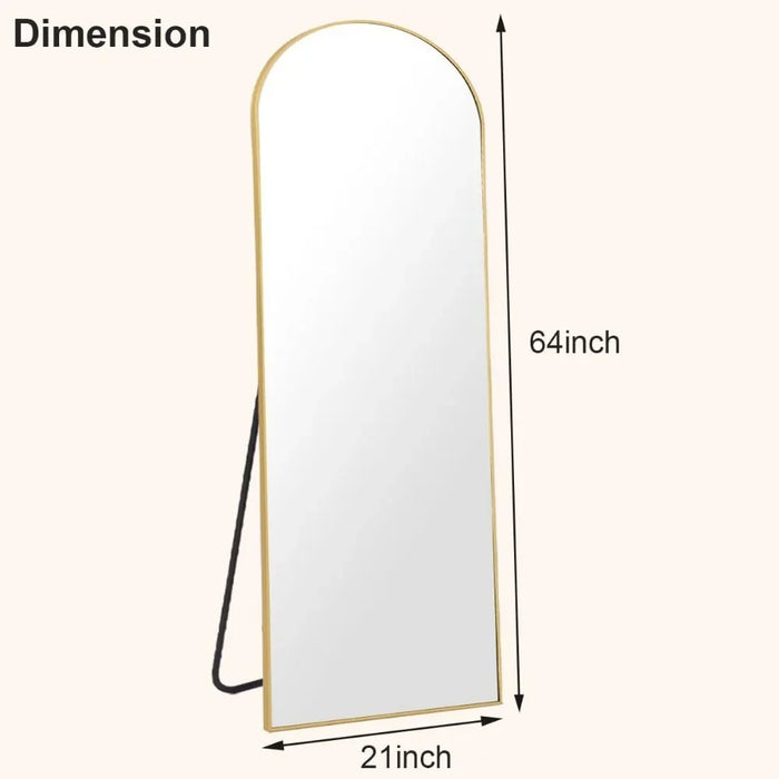 Free-Standing Full-Length Mirror in Arched Golden Metal Frame