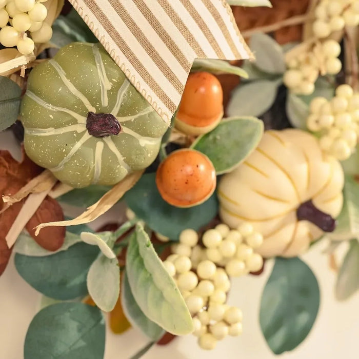 Thanksgiving/Halloween Door Wreath for Festive Fall Decoration with Bow and Pumpkin Design