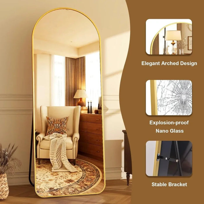 Free-Standing Full-Length Mirror in Arched Golden Metal Frame