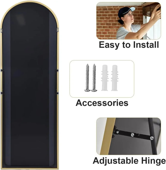 Free-Standing Full-Length Mirror in Arched Golden Metal Frame