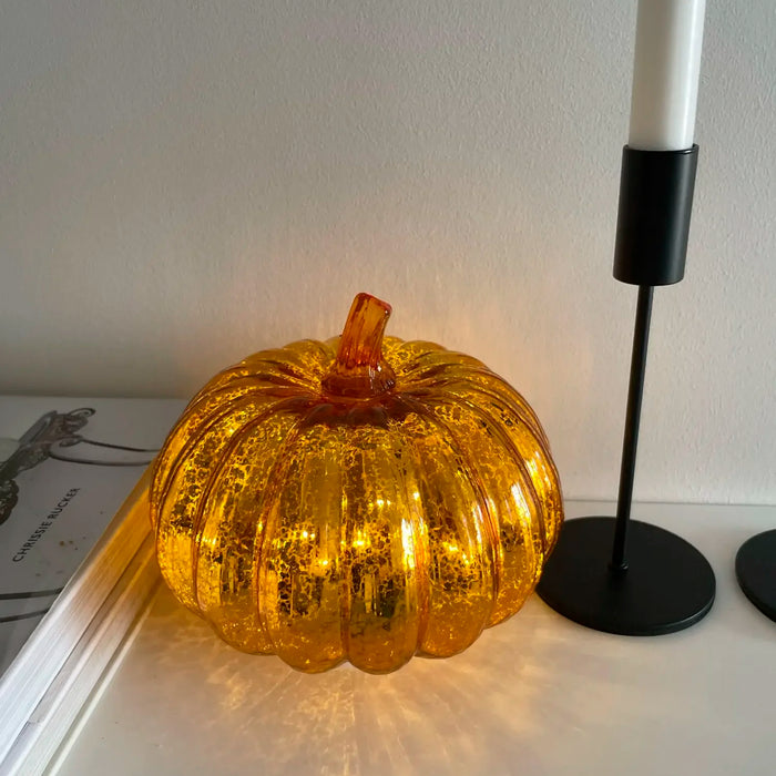 Autumn Festive Glass Pumpkin Lantern for Halloween/Thanksgiving Holiday Decor