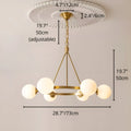 A detailed view of a brass chandelier with adjustable length and white milk glass bulbs, showcasing dimensions