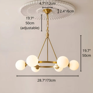 A detailed view of a brass chandelier with adjustable length and white milk glass bulbs, showcasing dimensions