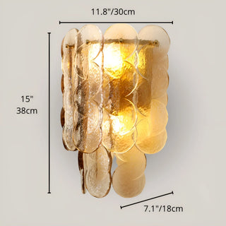 Dimensions of amber glass wall sconce showing size details: height 15" and width 11.8" with a textured circular glass structure.