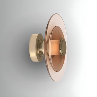 Nordic amber glass wall sconce with gold finish and warm integrated LED light