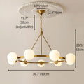 A brass chandelier with adjustable length and six white milk glass spheres, dimensions marked for easy reference