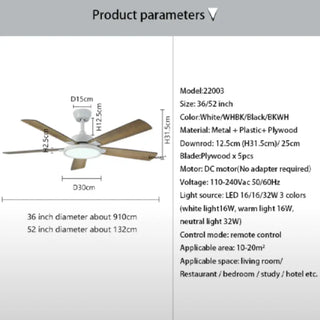 Ceiling LED Fans for Home with Wooden Blades and Remote Control | 52" Parameters