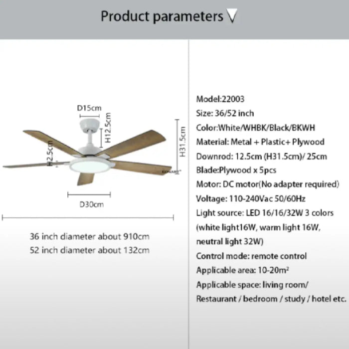 Ceiling LED Fans for Home with Wooden Blades and Remote Control | 52" Parameters