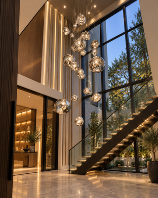 Hotel, Cochecton, NY - full lobby view with bubble chandelier cascading beside the open staircase