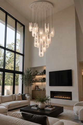 Private house, Hamel MN - cascading glass chandelier over the two-story living room