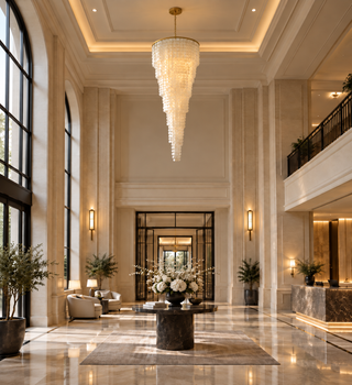 Hotel, Spicewood TX - capiz shell spiral cascade chandelier in the grand lobby entrance