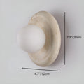 Beige wall sconce with a white bulb, showing dimensions on a light gray background