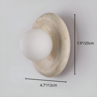 Beige wall sconce with a white bulb, showing dimensions on a light gray background