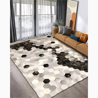 Decorative cowhide carpet with a rectangular shape and hexagonal pattern