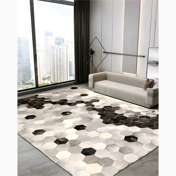 Stylish cowhide rug with a geometric design