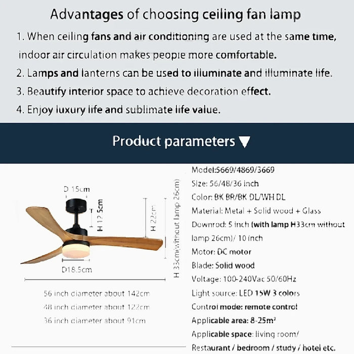 Barga | 60" European Styled Ceiling Fan with Lamp, Solid Wood and Remote Control