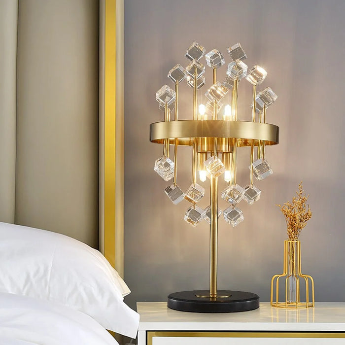 Gold|Stainless|Steel|Table|Lamp|Light|Accent|Luxury|Elegant|Crystal|Cube|Clear